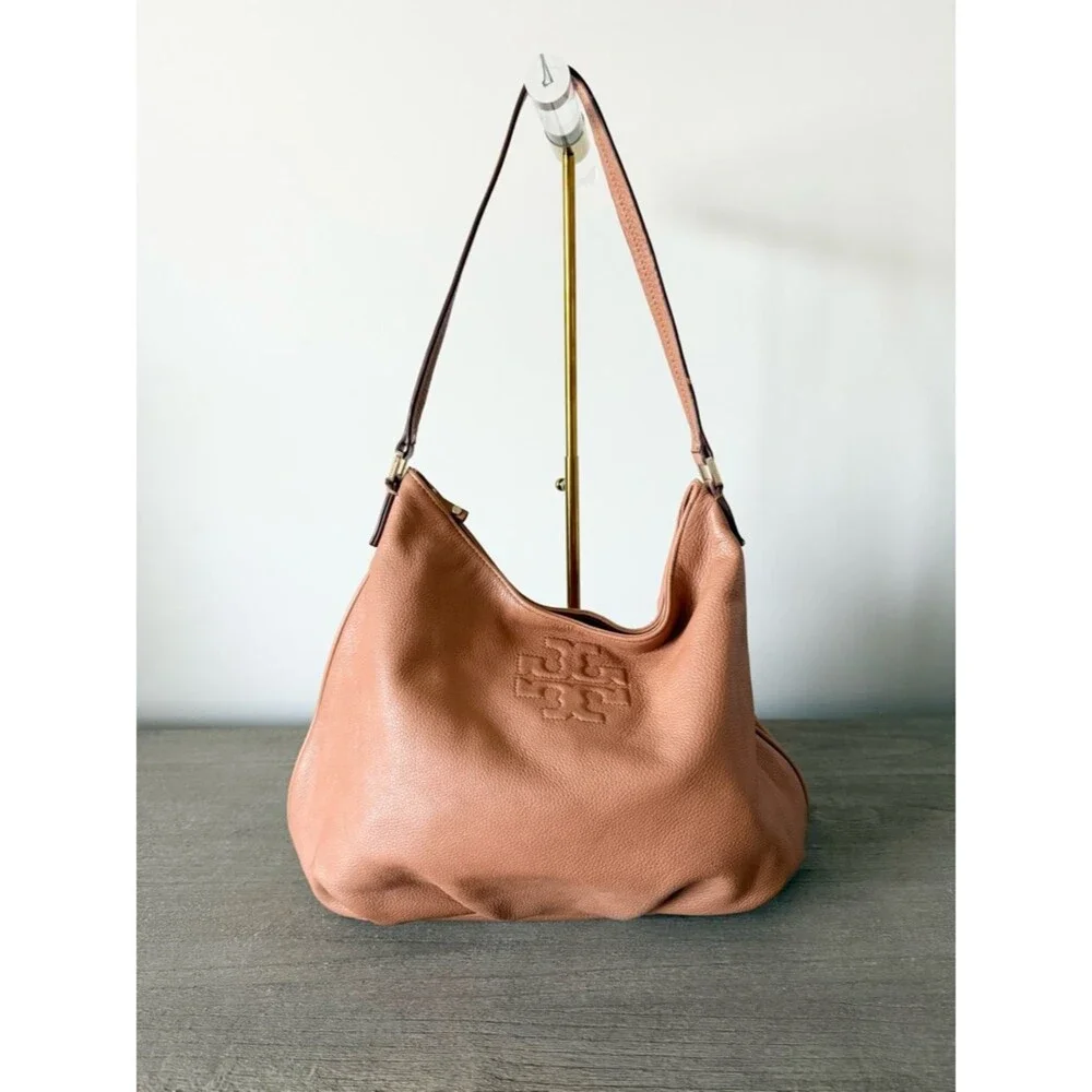 Tory Burch Thea Hobo Pebbled Leather Shoulder Bag in Warm Tan